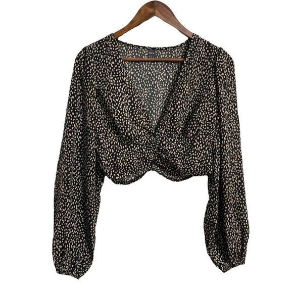 Shein Womens Tan Ruched Vneck Dot Pattern Balloon Sleeve Crop Top Blouse Medium - Picture 1 of 7